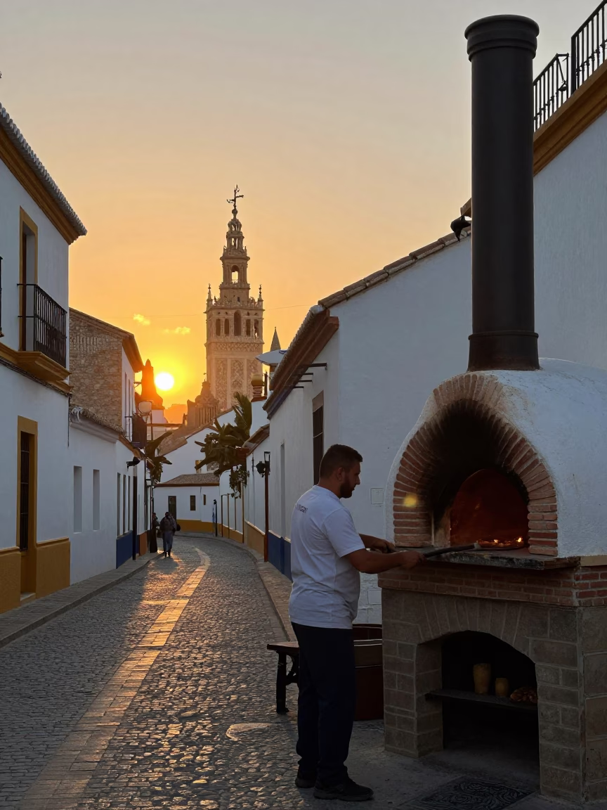 Seville Spain Sunset Street Scene with Brick Oven Pizza and Bruschetta in in Seville, Spain