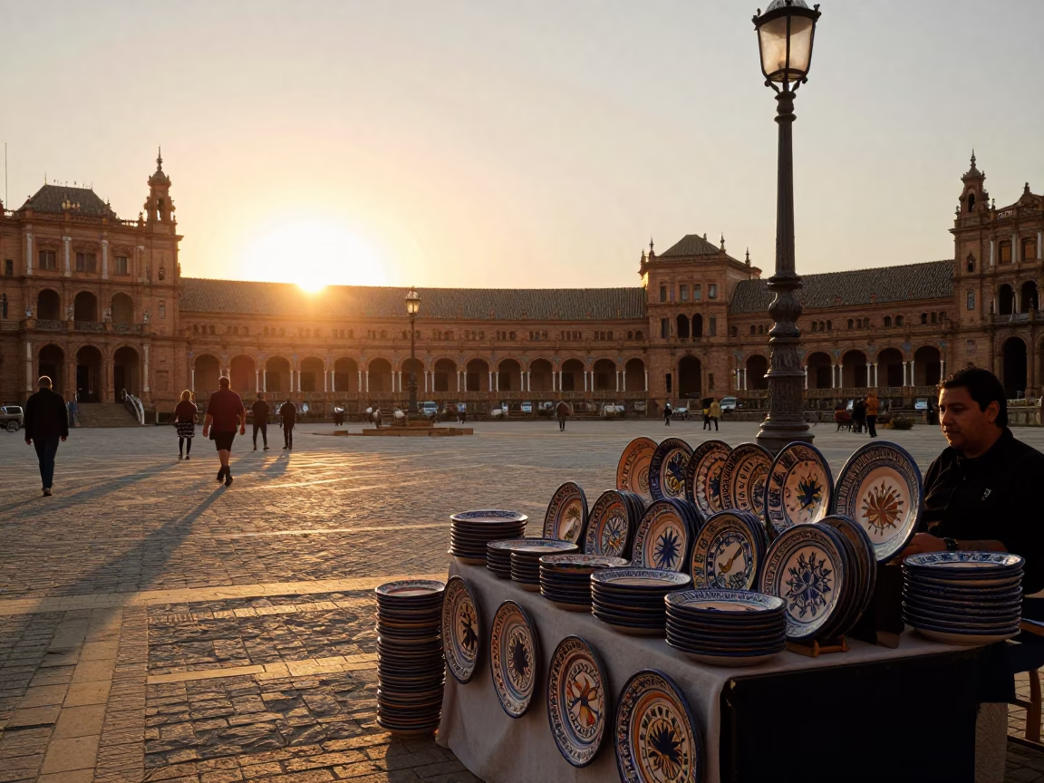 Seville Spain Sunset Street Scene with Ceramic Plates and Folding Fans in in Seville, Spain