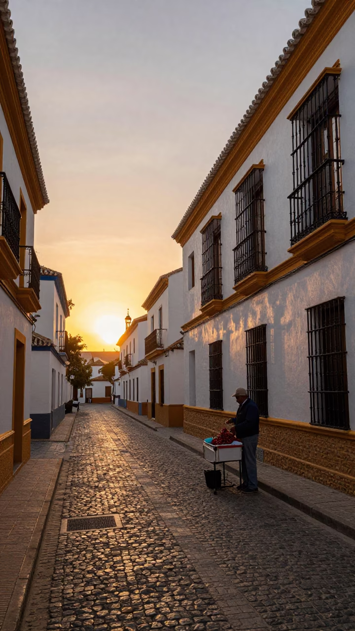 Seville Spain Sunset Street Scene with Cherry Vendor and Traditional Architecture in in Seville, Spain