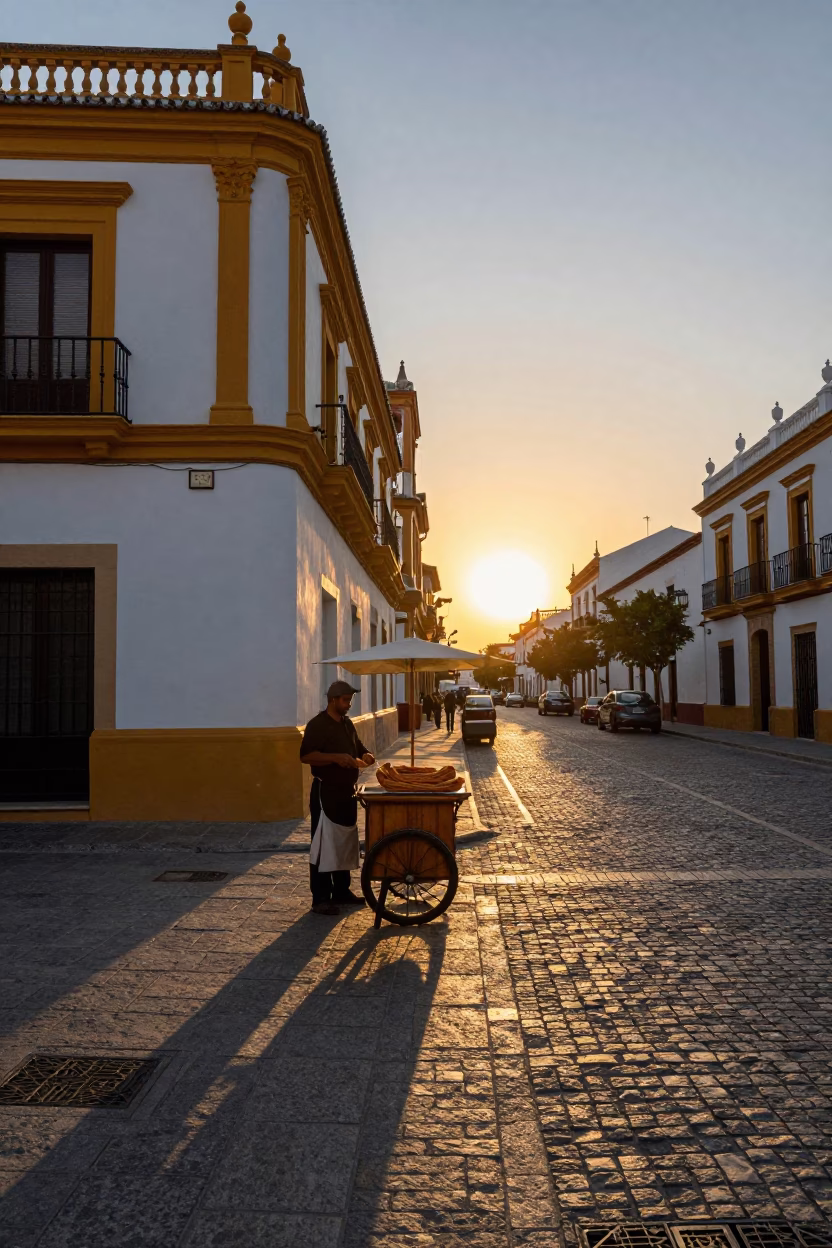 Seville Spain Sunset Street Scene with Churros and Traditional Architecture in in Seville, Spain