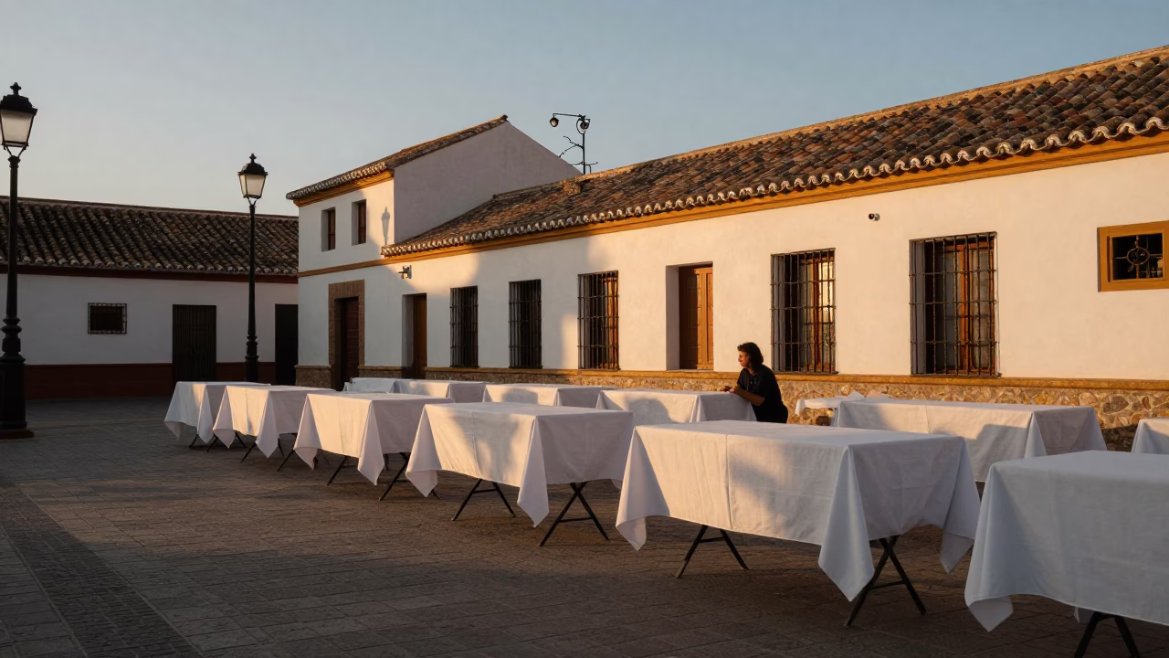 Seville Spain Sunset Street Scene with Folding Tables and White Tablecloth in in Seville, Spain