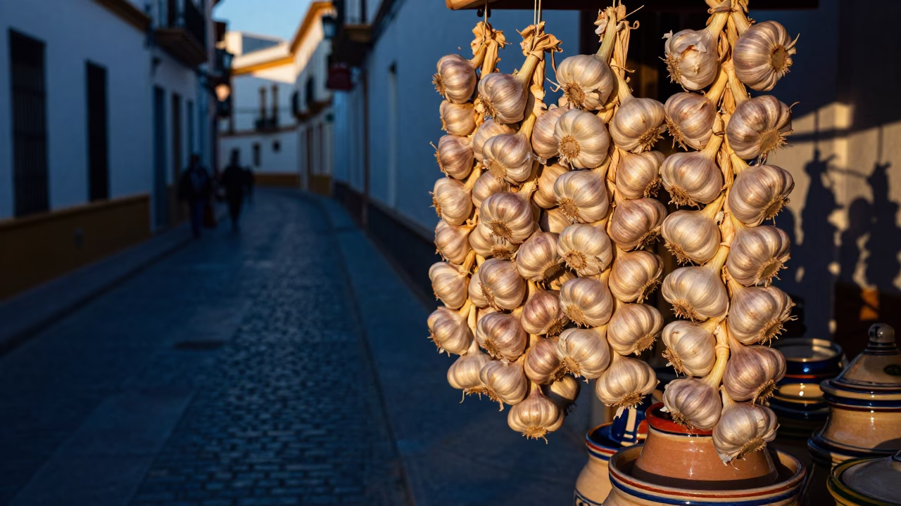 Seville Spain Sunset Street Scene with Garlic and Traditional Pottery in in Seville, Spain