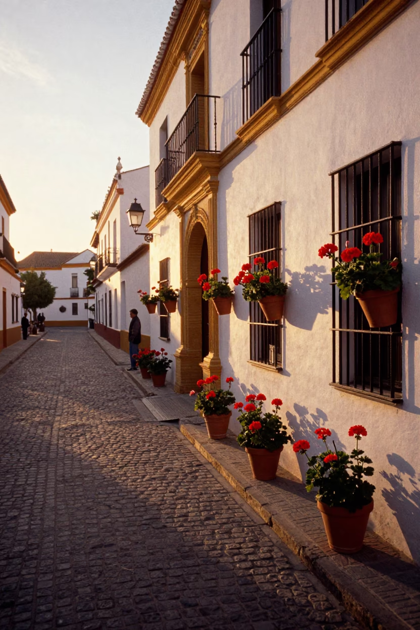Seville Spain Sunset Street Scene with Geraniums and Traditional Architecture in in Seville, Spain