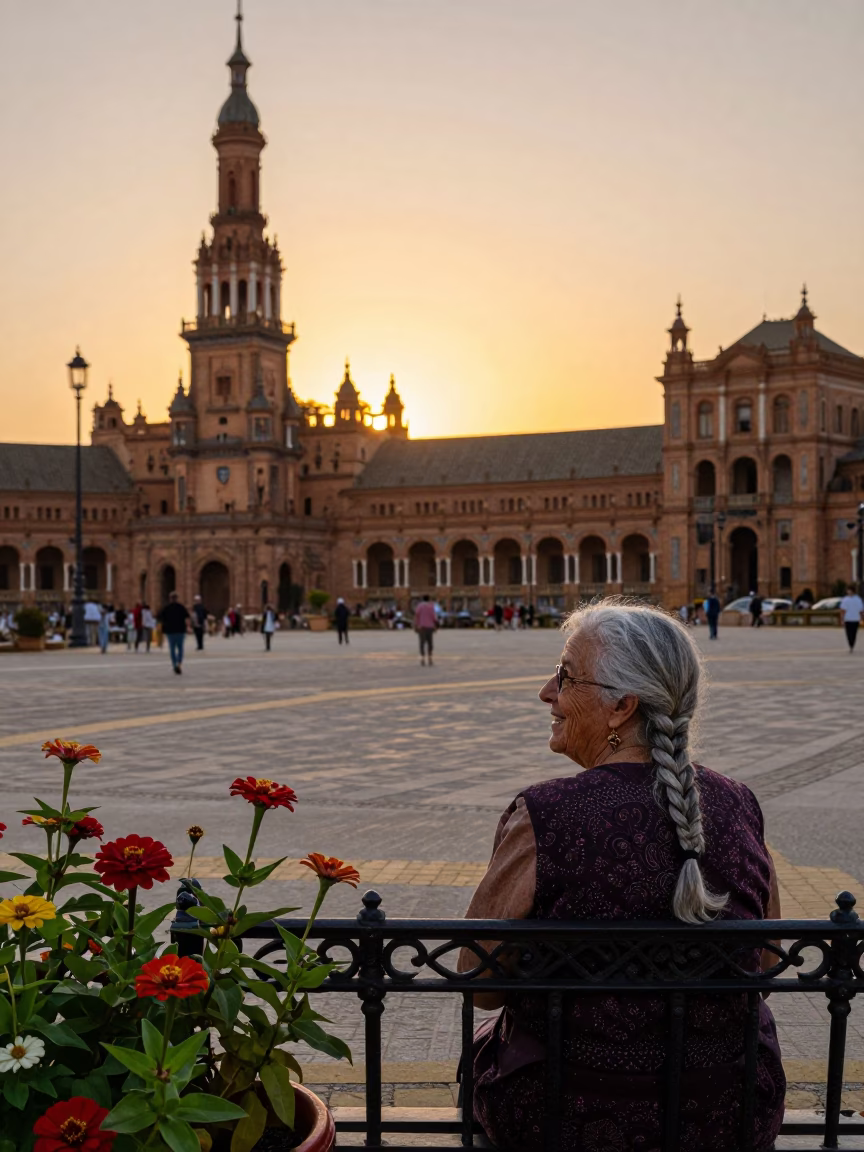 Seville Spain Sunset Street Scene with Grandmother and Zinnias in in Seville, Spain