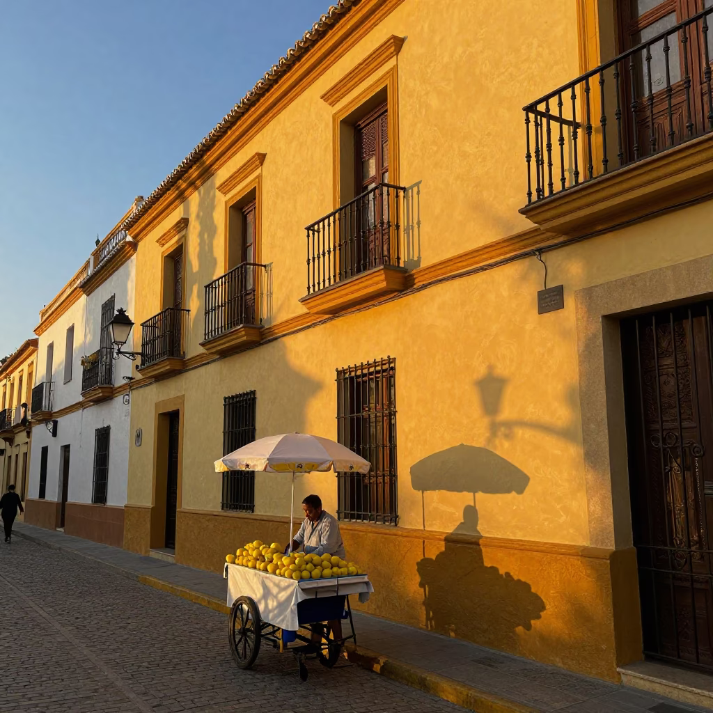 Seville Spain Sunset Street Scene with Lemon Vendor and Traditional Architecture in in Seville, Spain