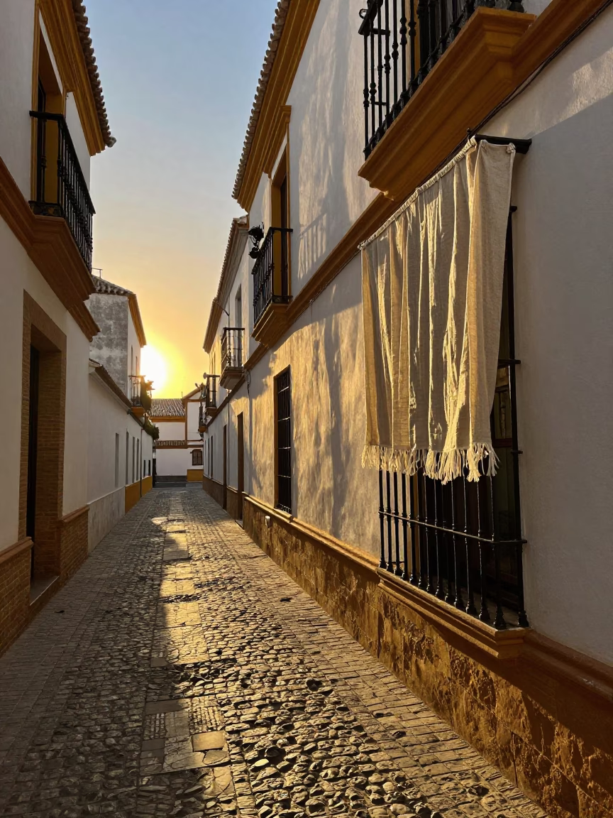Seville Spain Sunset Street Scene with Linen Fringe and Utensil Crocks on Traditional Balcony in in Seville, Spain