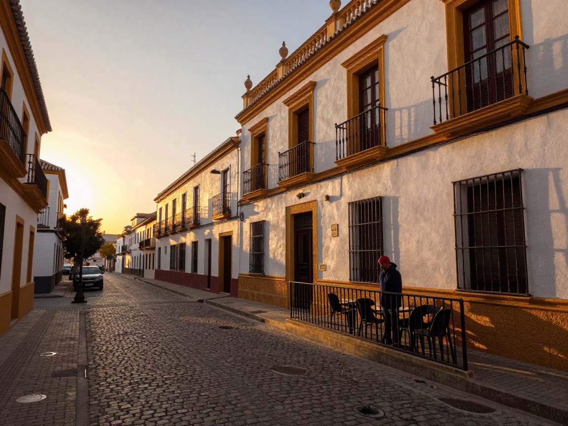 Seville Spain Sunset Street Scene with Local Cafe Details and Historic Architecture in in Seville, Spain