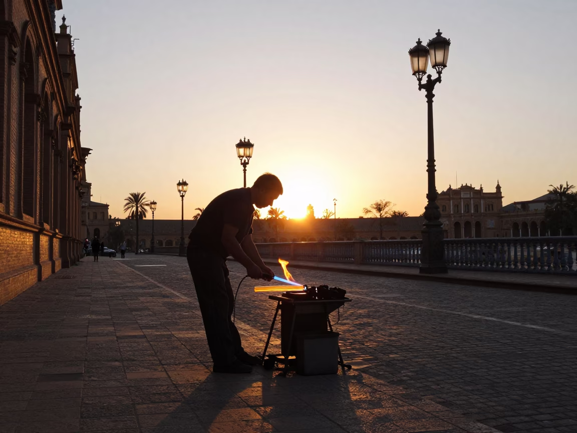 Seville Spain Sunset Street Scene with Neon Sign Maker and Antique Chart in in Seville, Spain