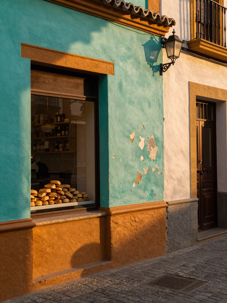 Seville Spain Sunset Street Scene with Peeling Turquoise Paint and Local Interaction in in Seville, Spain