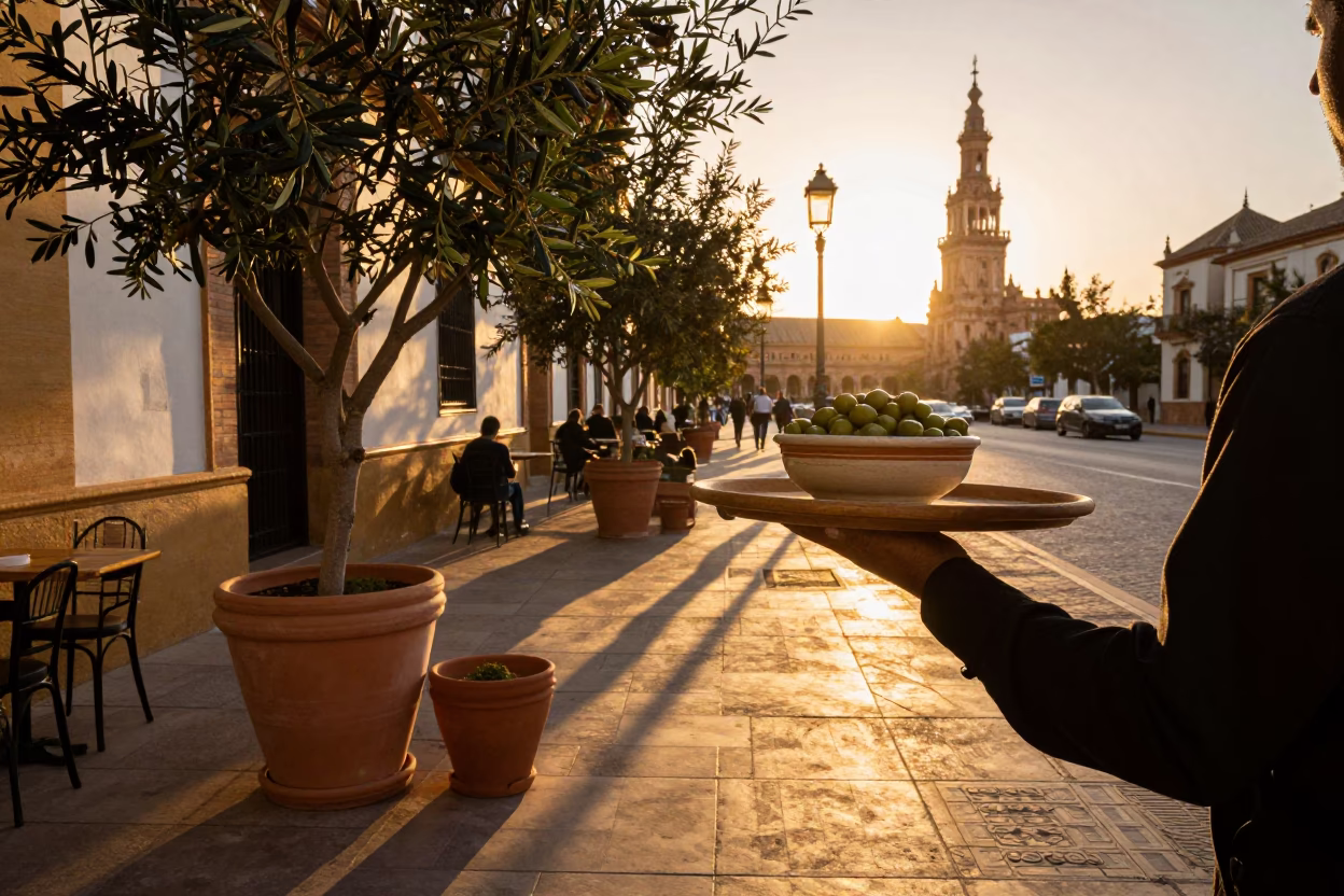 Seville Spain Sunset Street Scene with Terracotta Pots and Olive Dish in in Seville, Spain