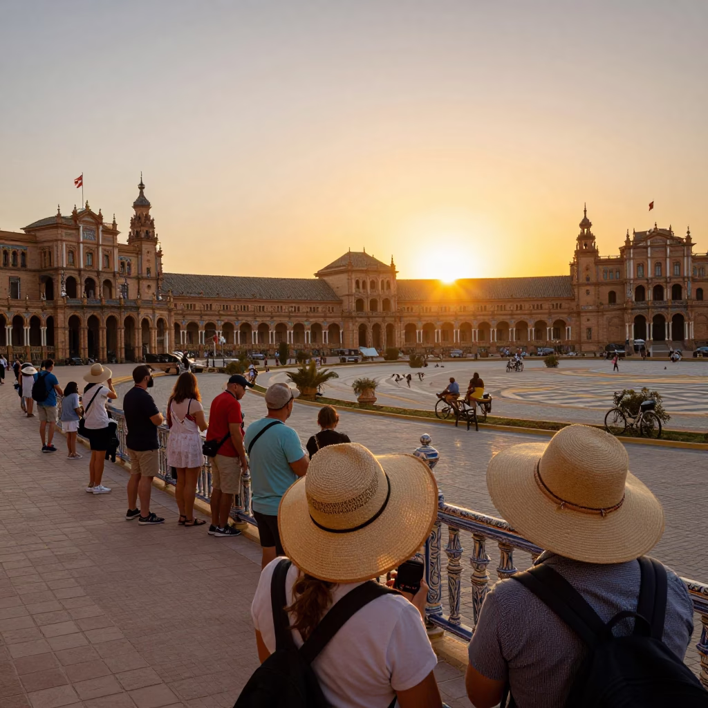 Seville Spain Sunset Street Scene with Tourists Wearing Sun Hats and Traditional Architecture in in Seville, Spain