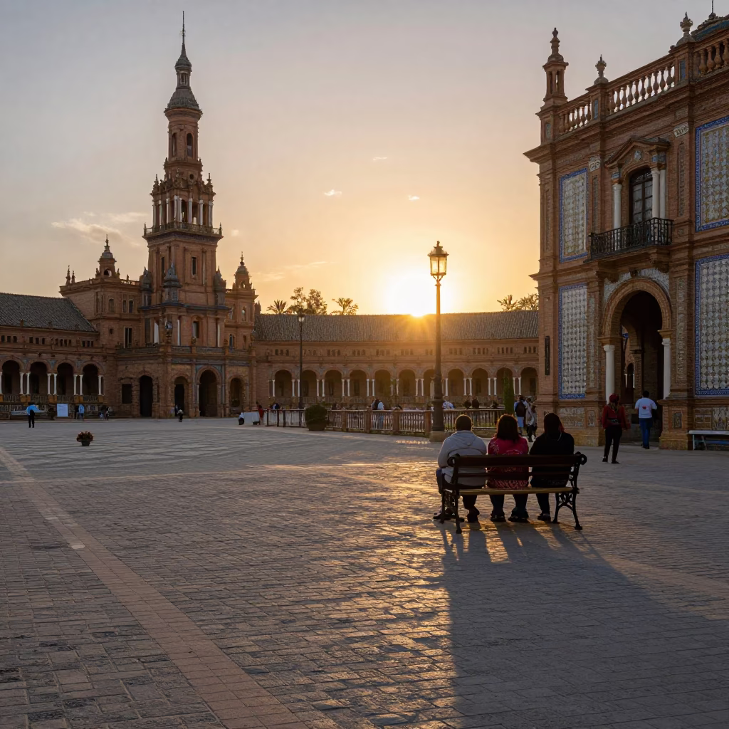 Seville Spain Sunset Street Scene with Traditional Architecture and Local Life in in Seville, Spain