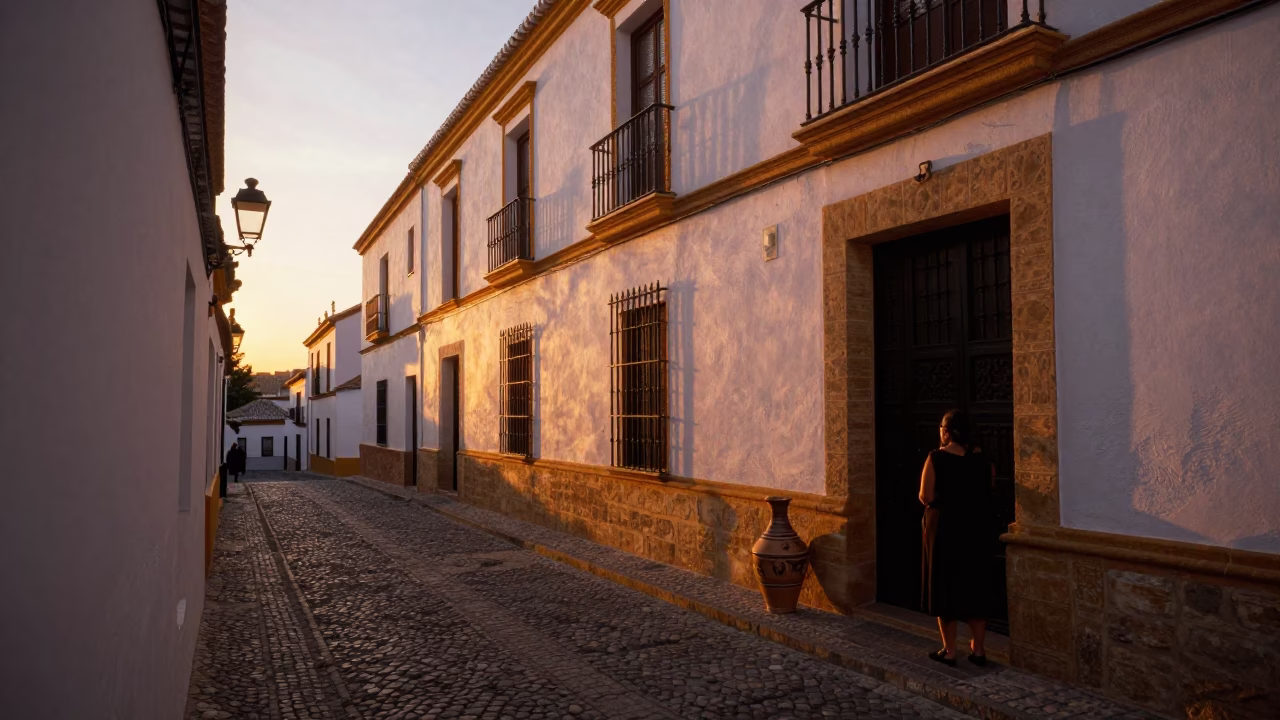 Seville Spain Sunset Street Scene with Traditional Pottery and Plaster Walls in in Seville, Spain