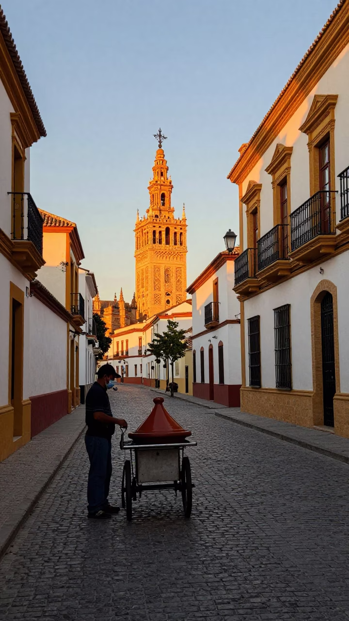 Seville Spain Sunset Street Scene with Traditional Tagine Pot on Cobblestone Plaza in in Seville, Spain