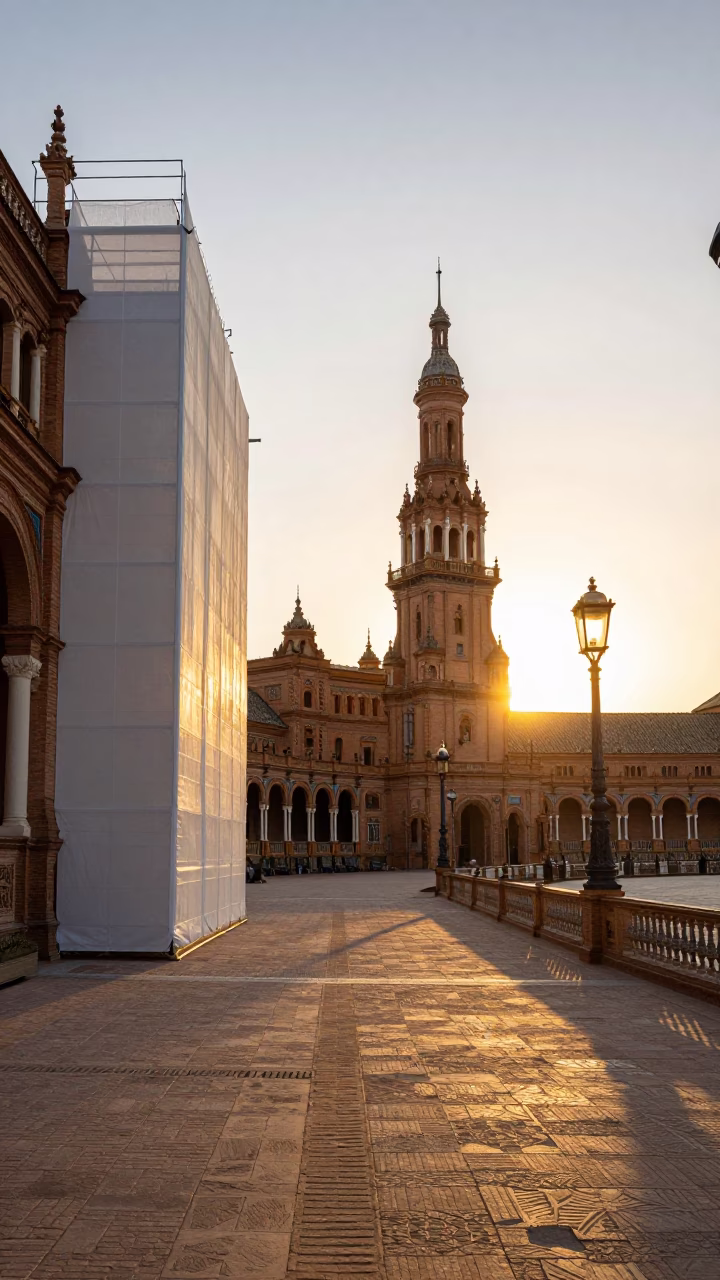 Seville Spain Sunset Street Scene with Traditional White Scaffolding and Local Life in in Seville, Spain