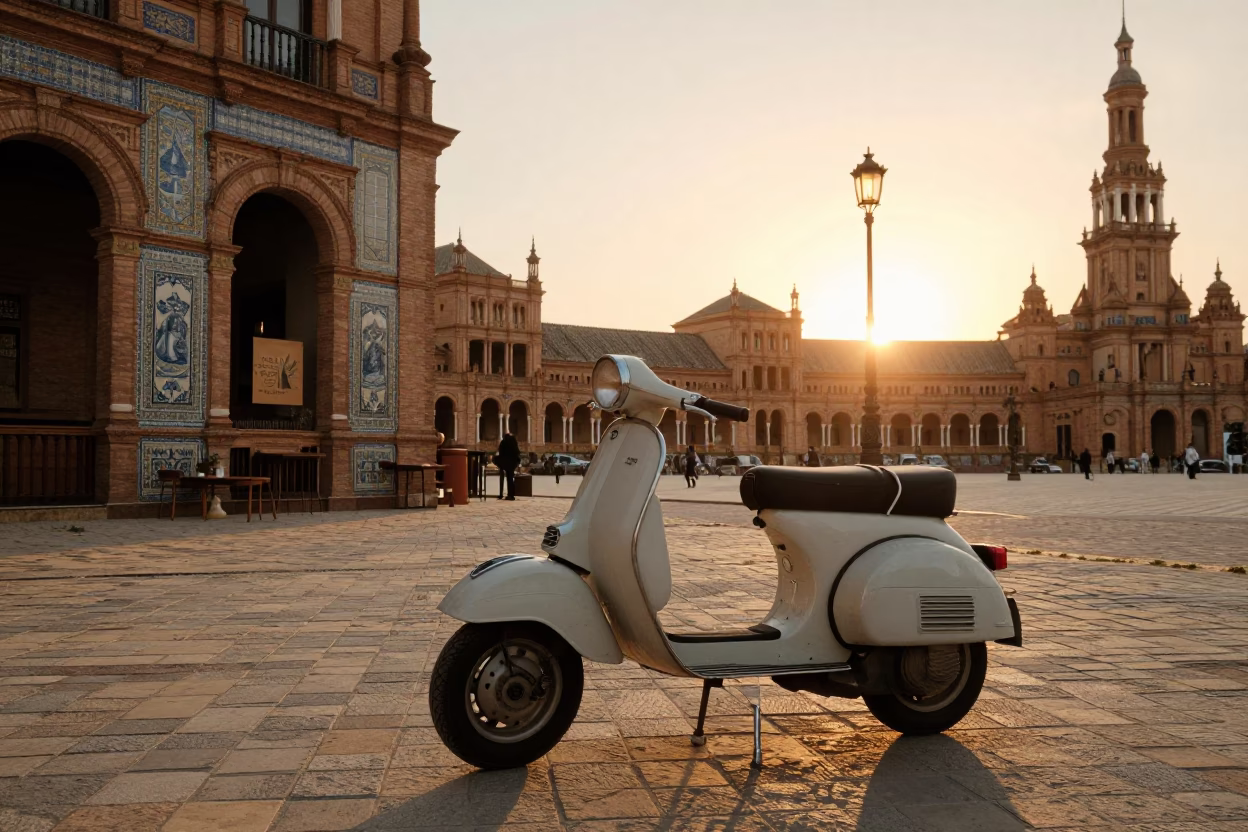Seville Spain Sunset Street Scene with Vintage 1960s Scooter and Traditional Architecture in in Seville, Spain