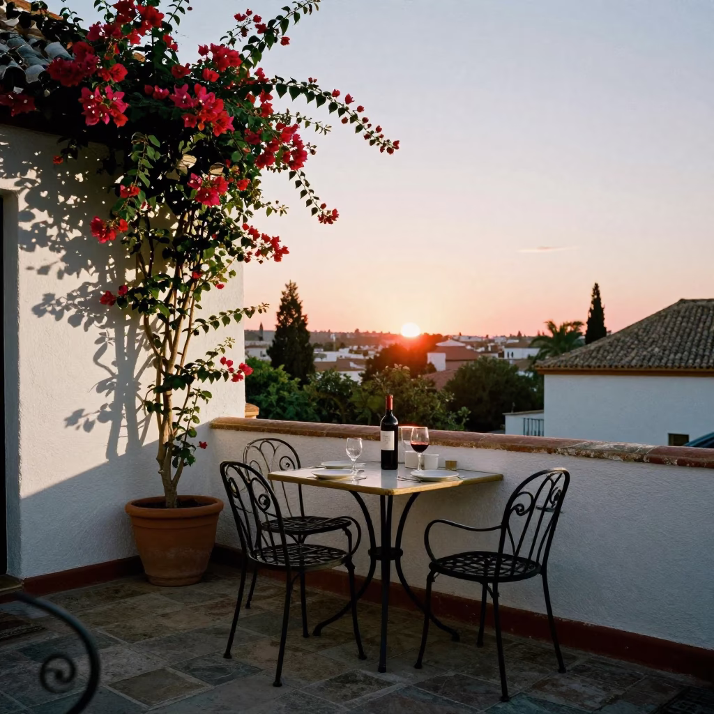 Seville Spain Sunset Terrace Dining with Red Wine and Traditional Tagine in in Seville, Spain