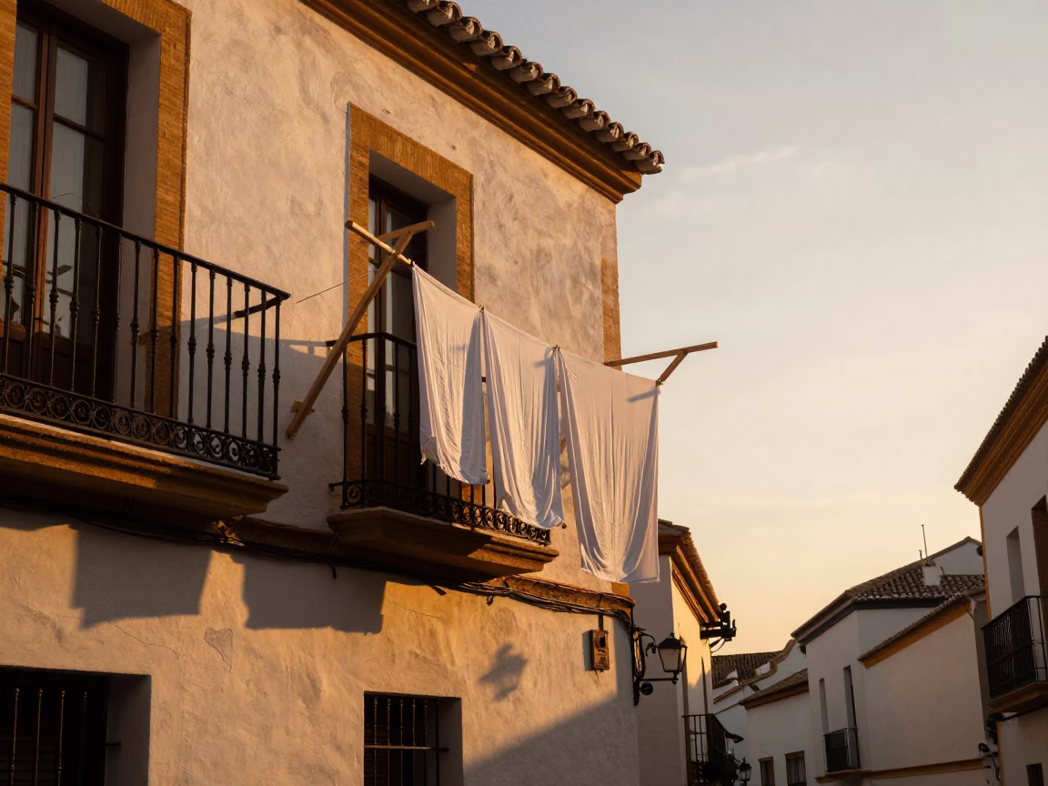 Seville Spain Sunset View of Traditional Balcony with Drying Rack and Sweet Pea Trellis in in Seville, Spain