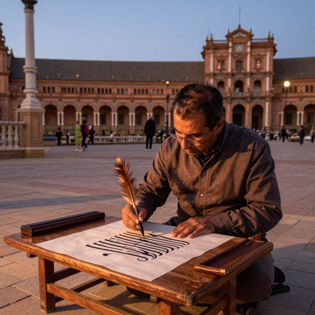 Seville Spain Traditional Calligraphy Demonstration in Copper Toned Light Before Dusk in in Seville, Spain
