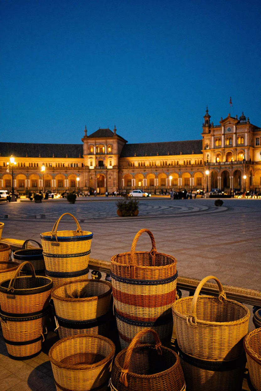 Seville Spain Twilight Plaza with Woven Baskets and City Lights Glowing in in Seville, Spain