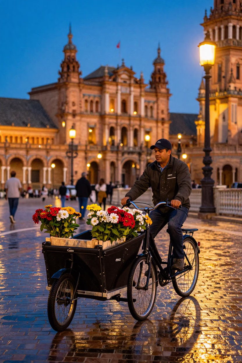 Seville Spain Twilight Street Scene with Cargo Bicycle and Local Commerce in in Seville, Spain