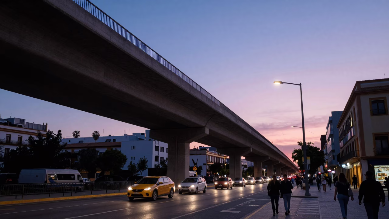 Seville Spain Twilight Street Scene with Highway Flyover and Urban Evening Ambiance in in Seville, Spain