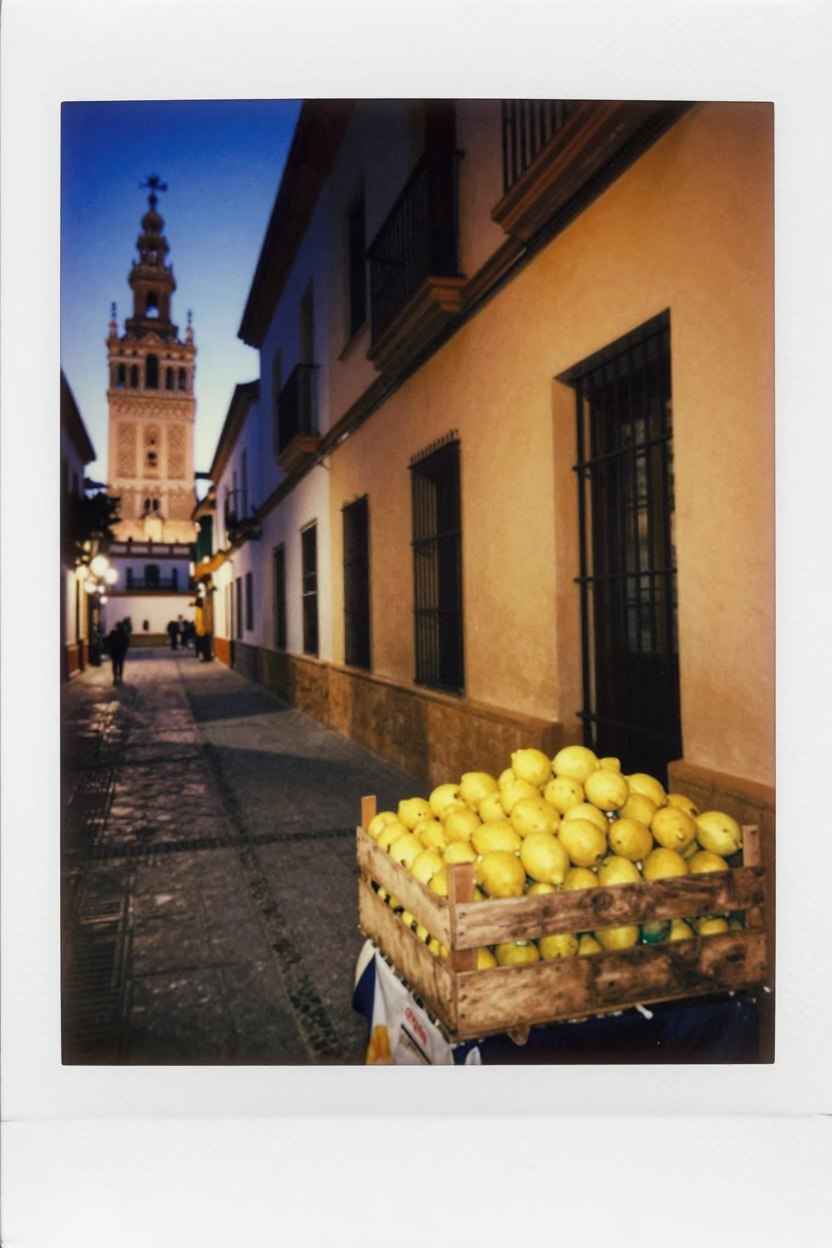 Seville Spain Twilight Street Scene with Lemons and Traditional Architecture in in Seville, Spain