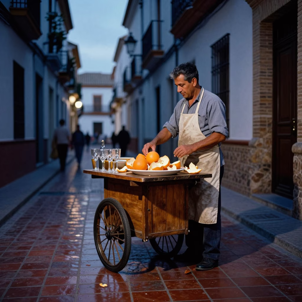 Seville Spain Twilight Street Scene with Orange Peels and Glass Carafe in in Seville, Spain
