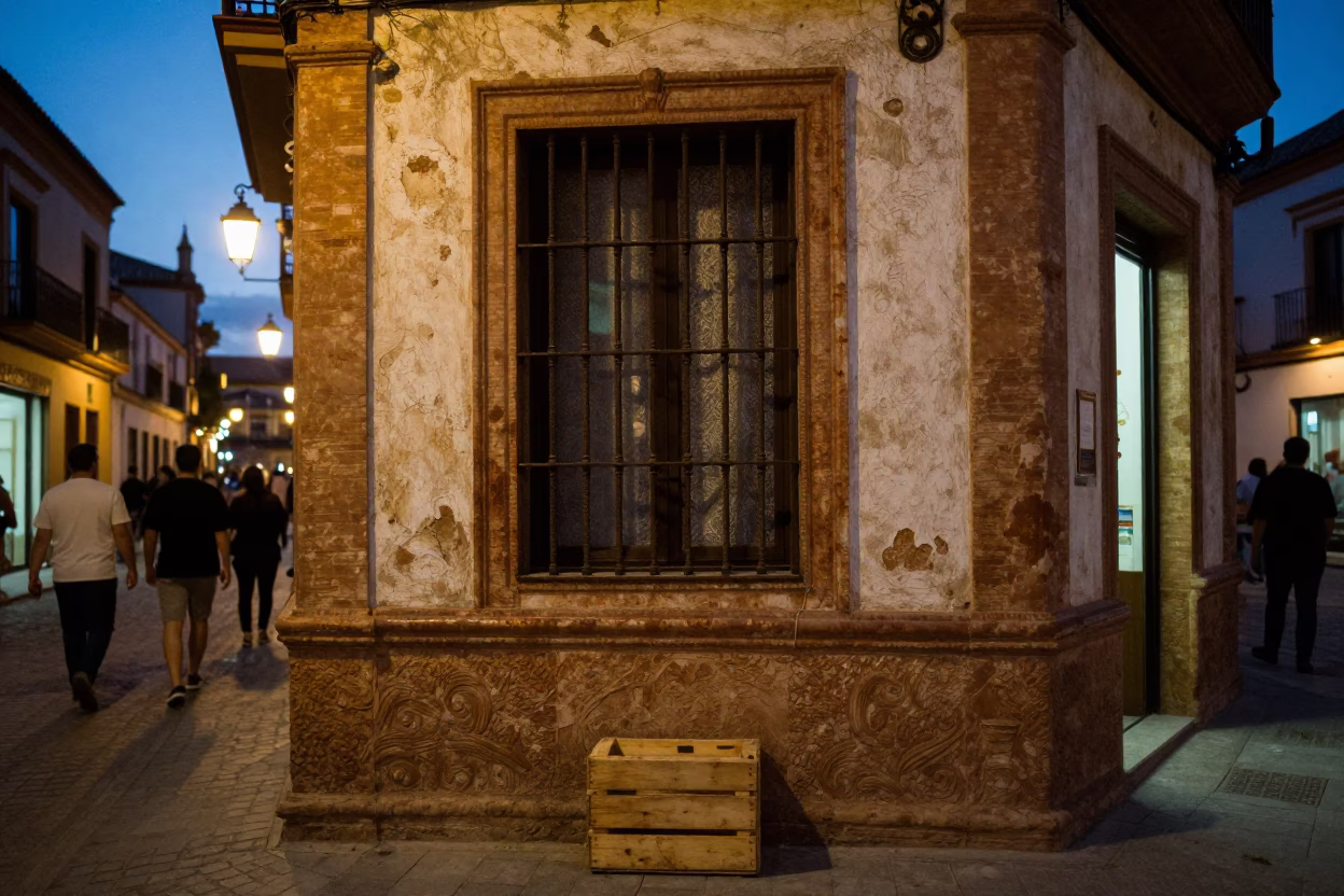 Seville Spain Twilight Street Scene with Rusty Window Frame and Wooden Crate in in Seville, Spain