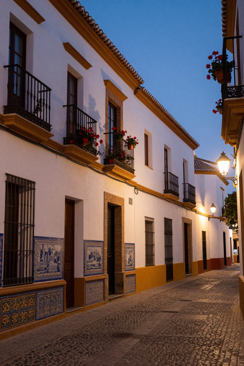 Seville Spain Twilight Street Scene with Traditional Architecture and Local Life in in Seville, Spain