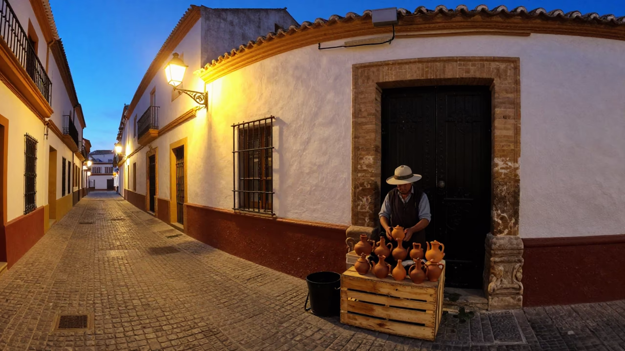 Seville Spain Twilight Street Scene with Traditional Clay Teapot and Tamarind Tree Pods in in Seville, Spain
