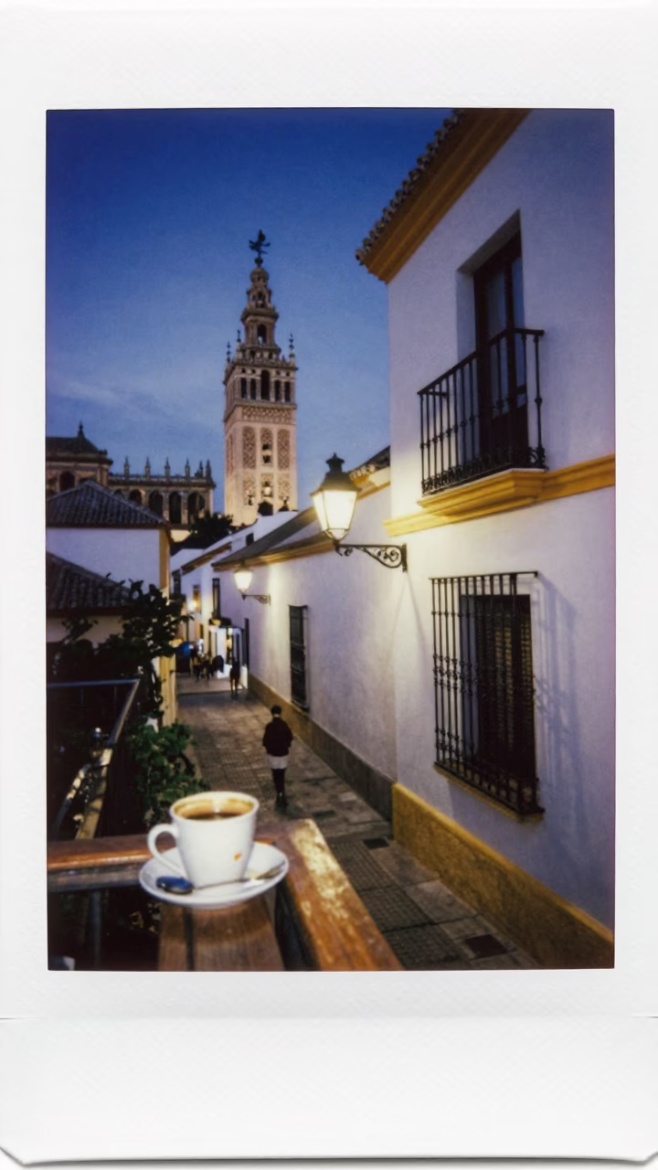 Seville Spain Twilight Street Scene with Watercolor Tin and Coffee Tin on Balcony in in Seville, Spain