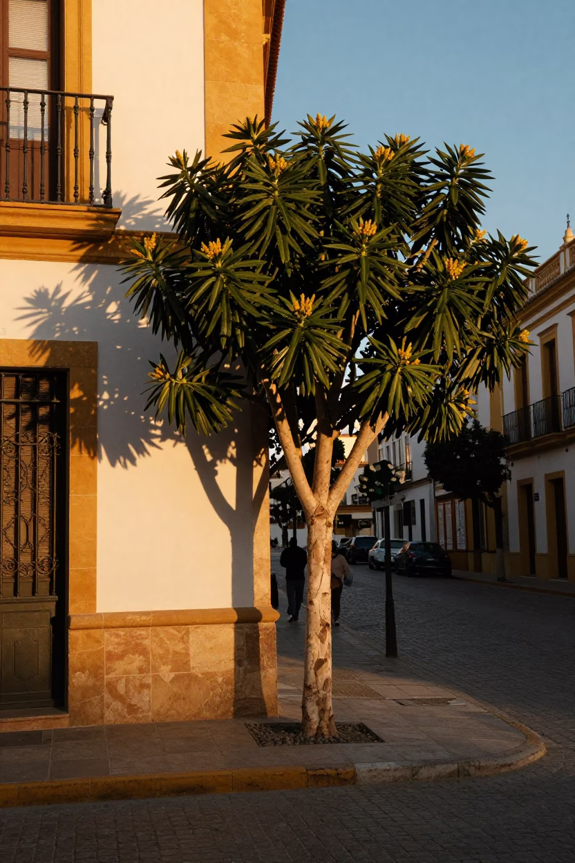 Seville Spanish Street Scene Honeyed Evening Light with Euphorbia Candelabra and Olive Trees in in Seville, Spain