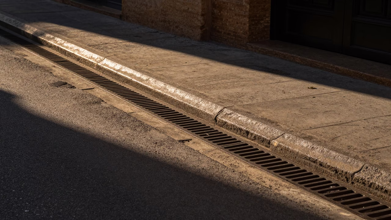 Seville Street Corner Late Afternoon Sunlight on Drain and Smudged Rail in in Seville, Spain