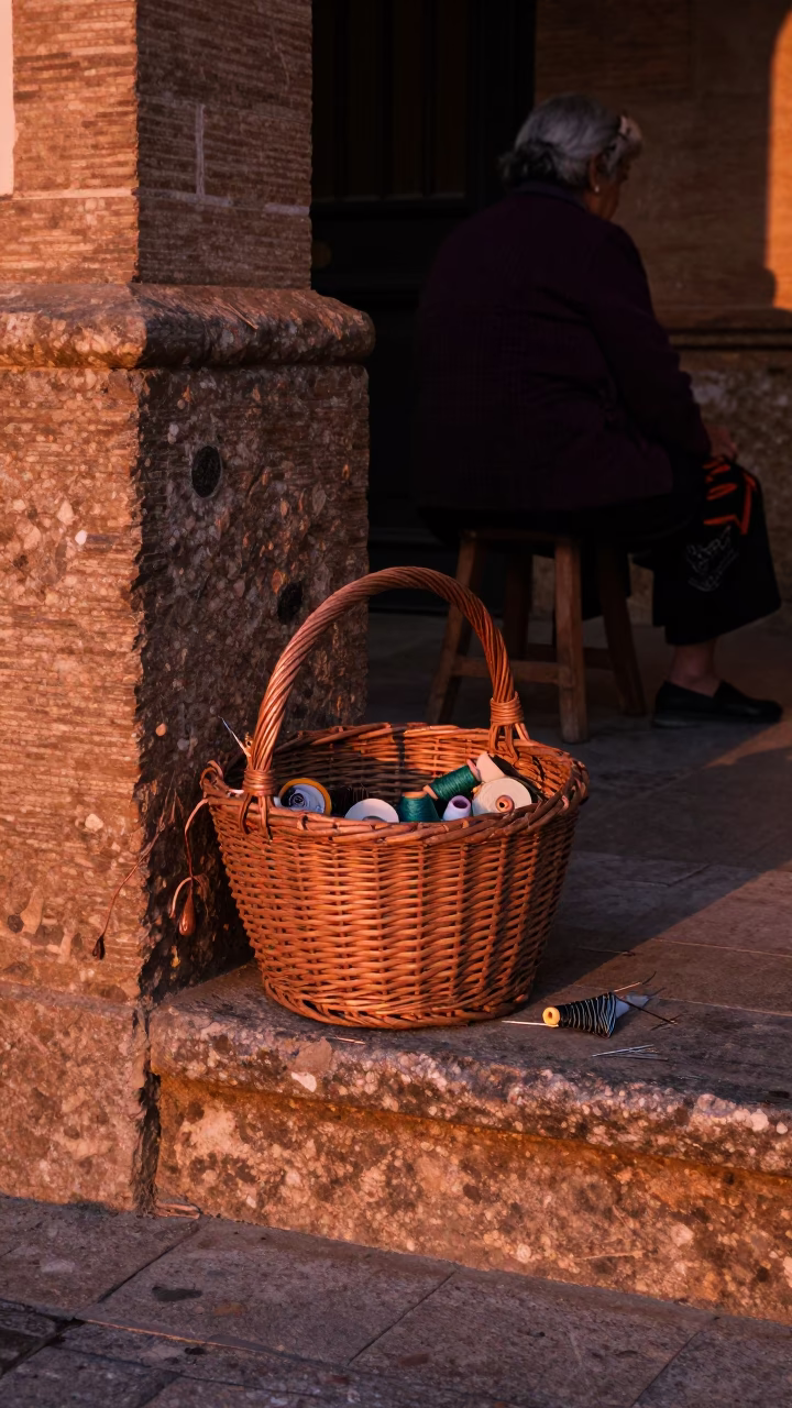 Seville street corner with mending basket and copper light before dusk in in Seville, Spain