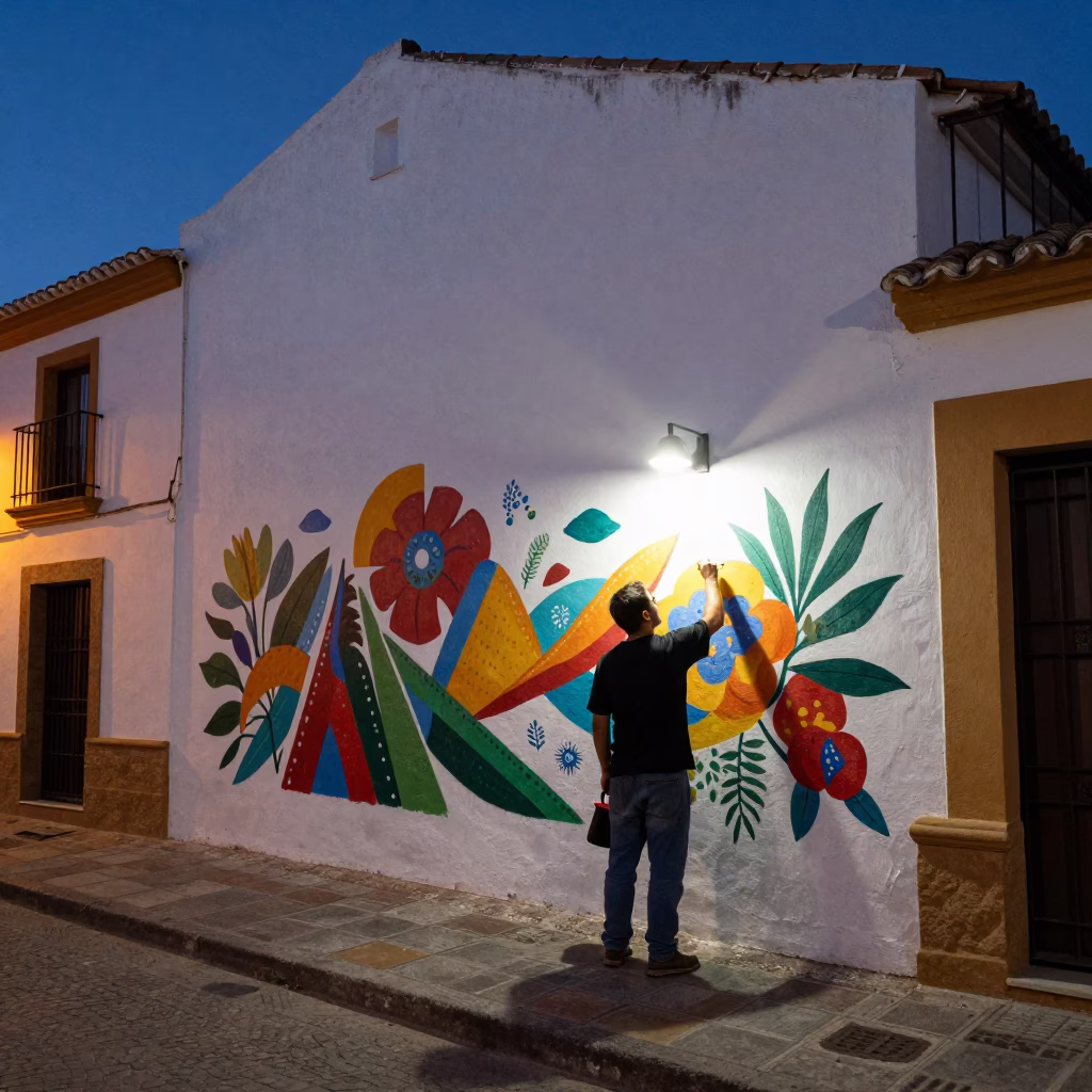 Seville Street Mural Painting in Predawn Darkness with Local Artist and Tools in in Seville, Spain