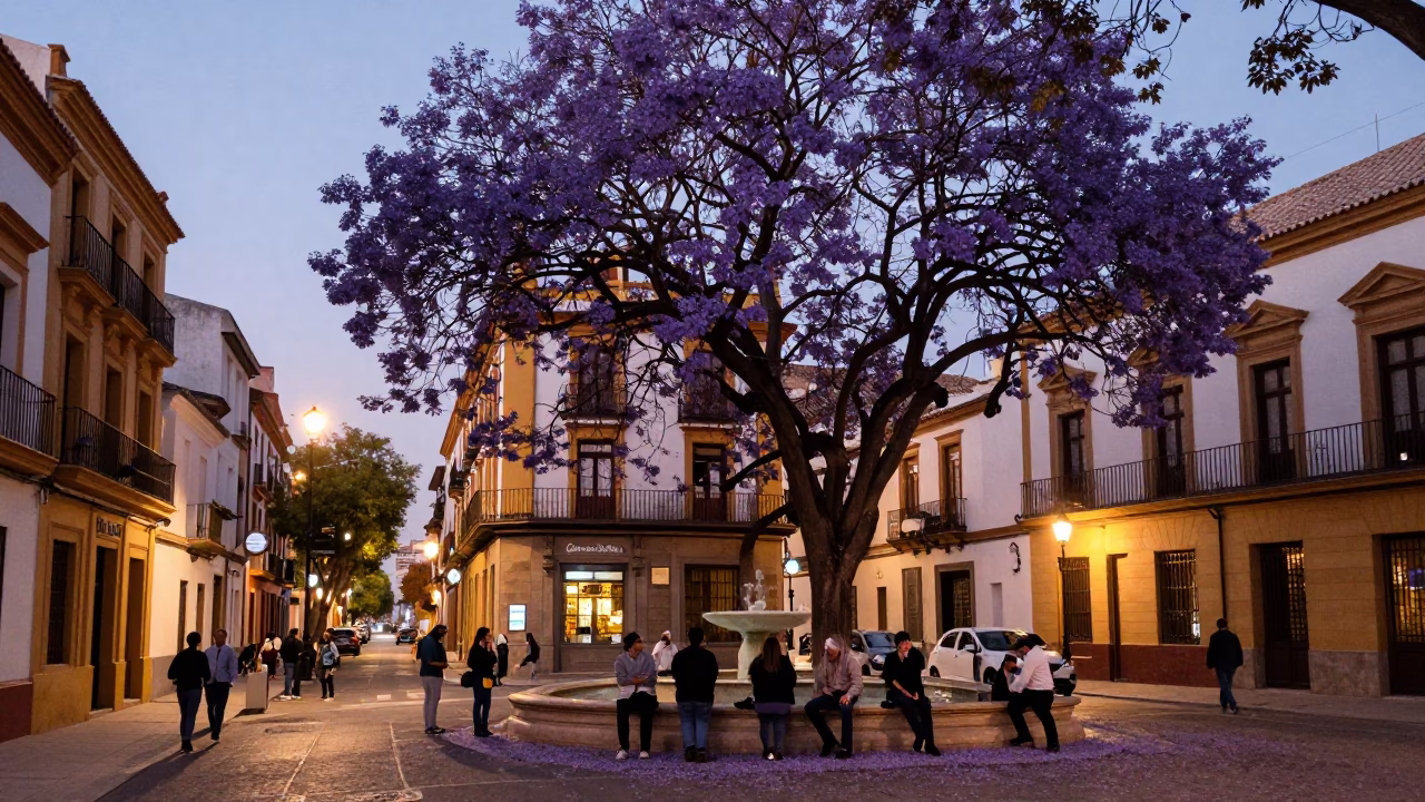 Seville Street Scene at Dusk with Jacaranda Tree and Local Evening Activity in in Seville, Spain