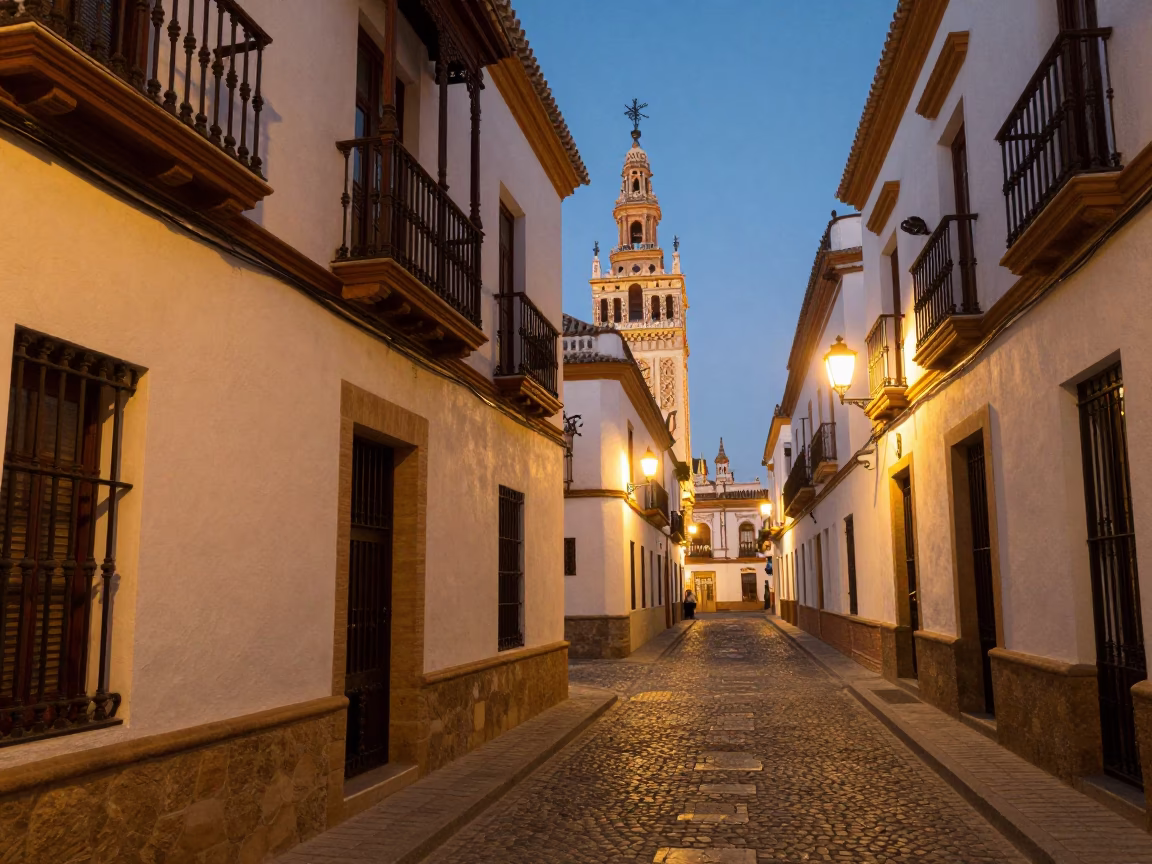 Seville Street Scene at Dusk with Traditional Architecture and Evening Ambiance in in Seville, Spain