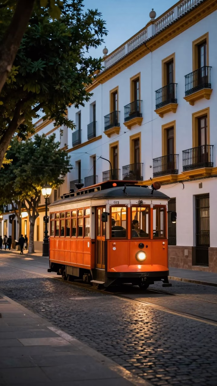 Seville Street Scene at Dusk with Vintage Orange Trolley and Flower Boxes in in Seville, Spain