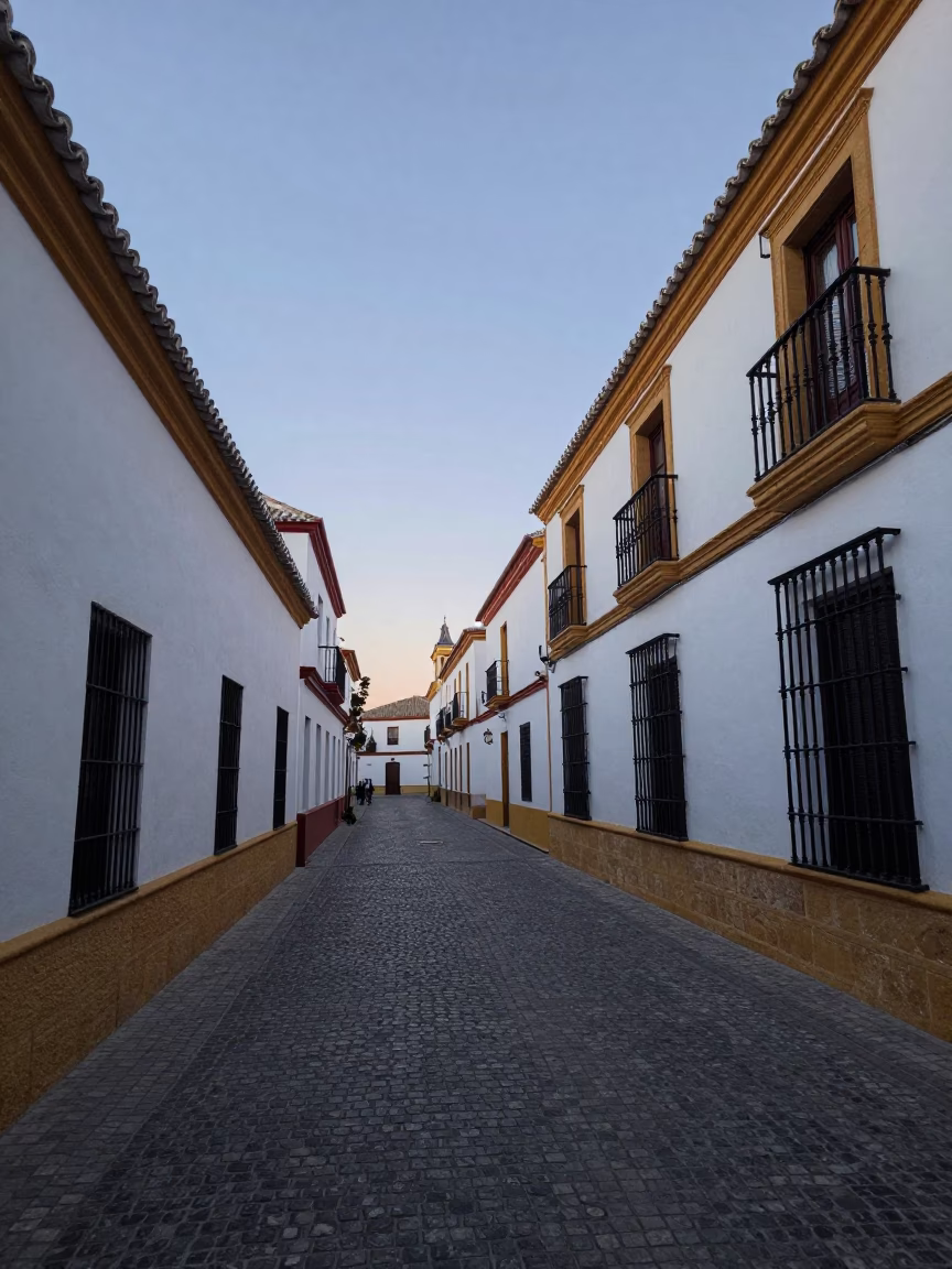 Seville Street Scene at Nautical Dawn with Wrought Iron Door Wreaths in in Seville, Spain