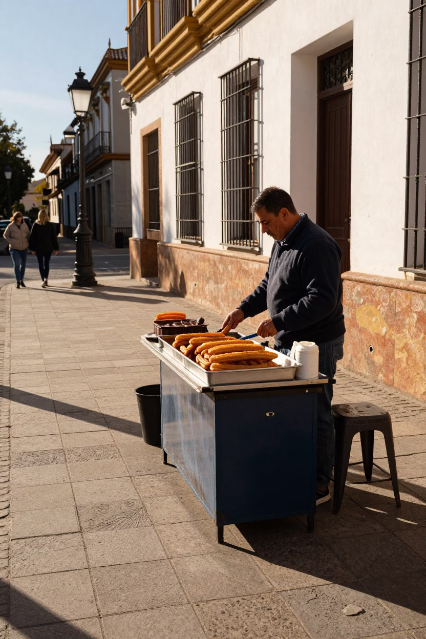 Seville street scene with churros and chocolate in late afternoon light in in Seville, Spain