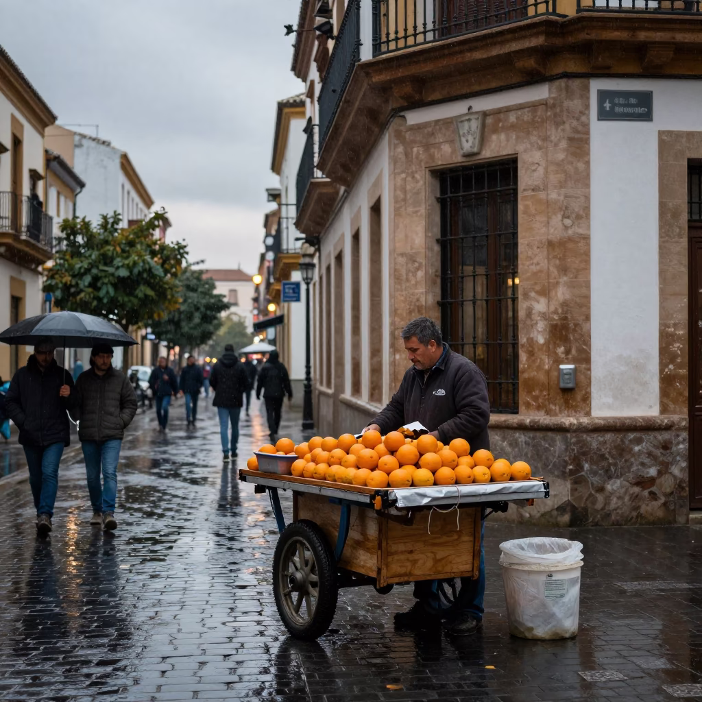 Seville Street Vendor Preparing Fresh Oranges Under Gray Morning Light in in Seville, Spain