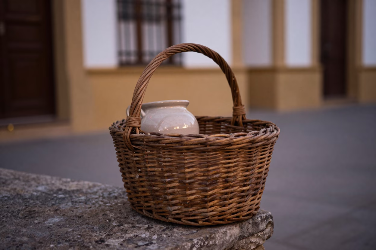 Seville Summer Evening Street Scene with Wicker Basket and Ceramic Pot in in Seville, Spain