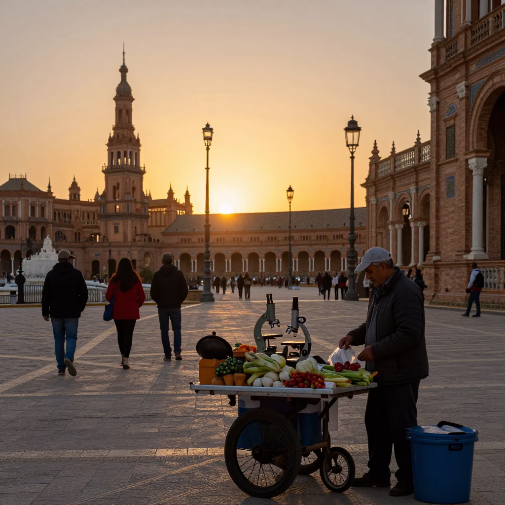 Seville Sunset Street Scene with Antique Microscope and Skillet in in Seville, Spain