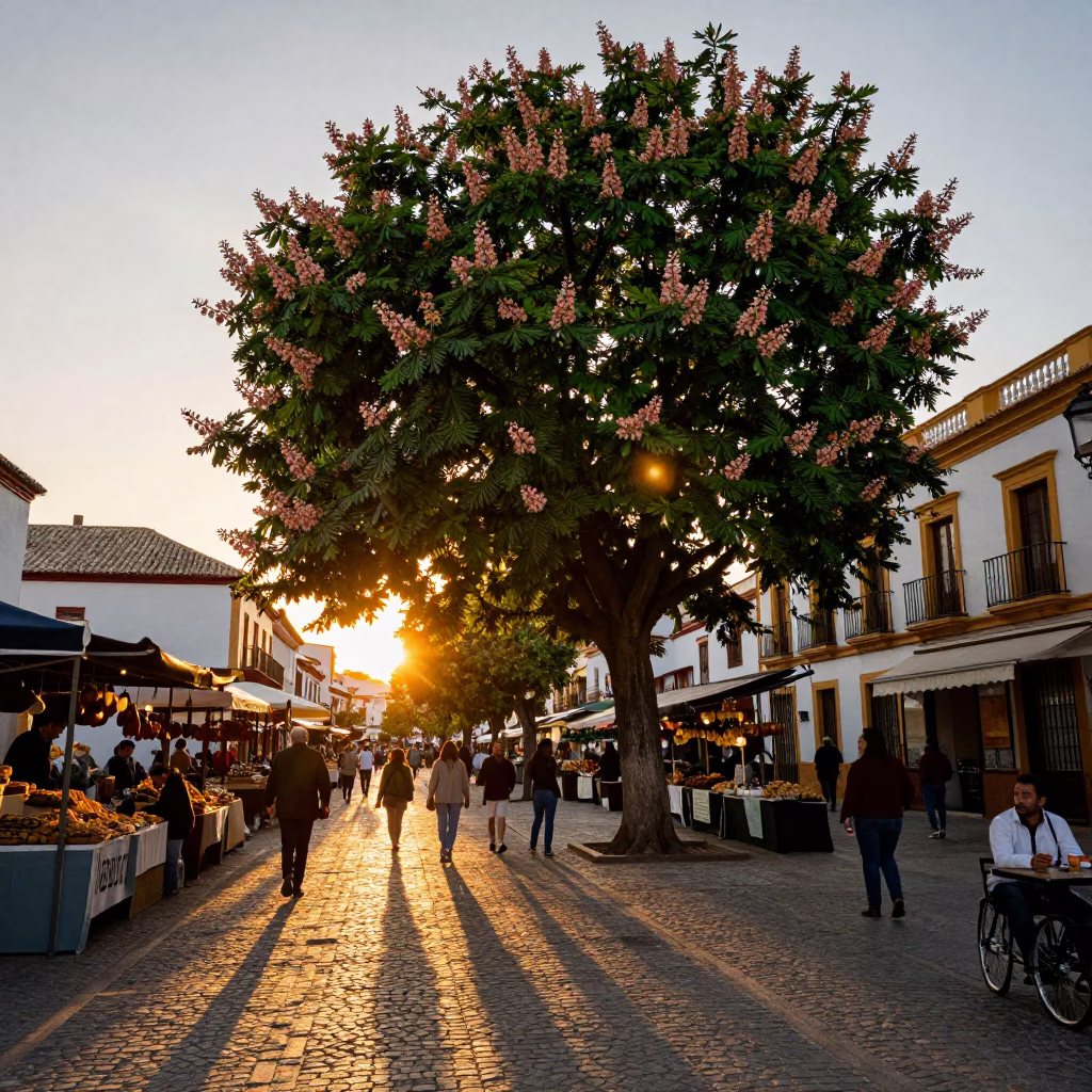 Seville Sunset Street Scene with Chestnut Tree and Local Market Activity in in Seville, Spain