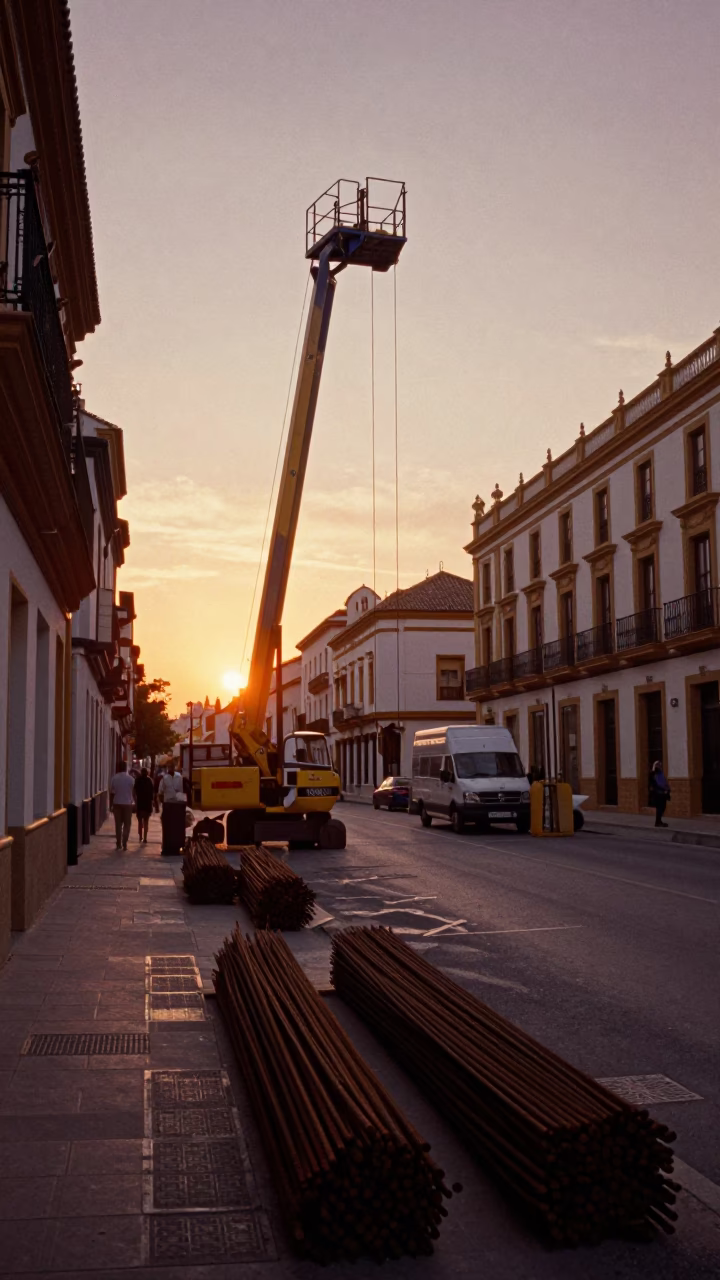 Seville Sunset Street Scene with Construction Elevator Gate and Rebar Bundles in Andalusia in in Seville, Spain