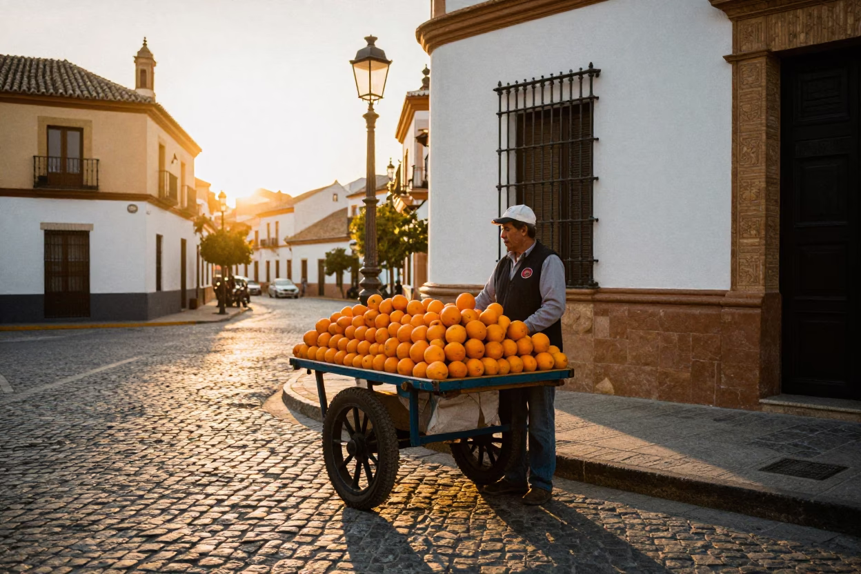 Seville Sunset Street Scene with Fruit Vendor and Traditional Architecture in in Seville, Spain