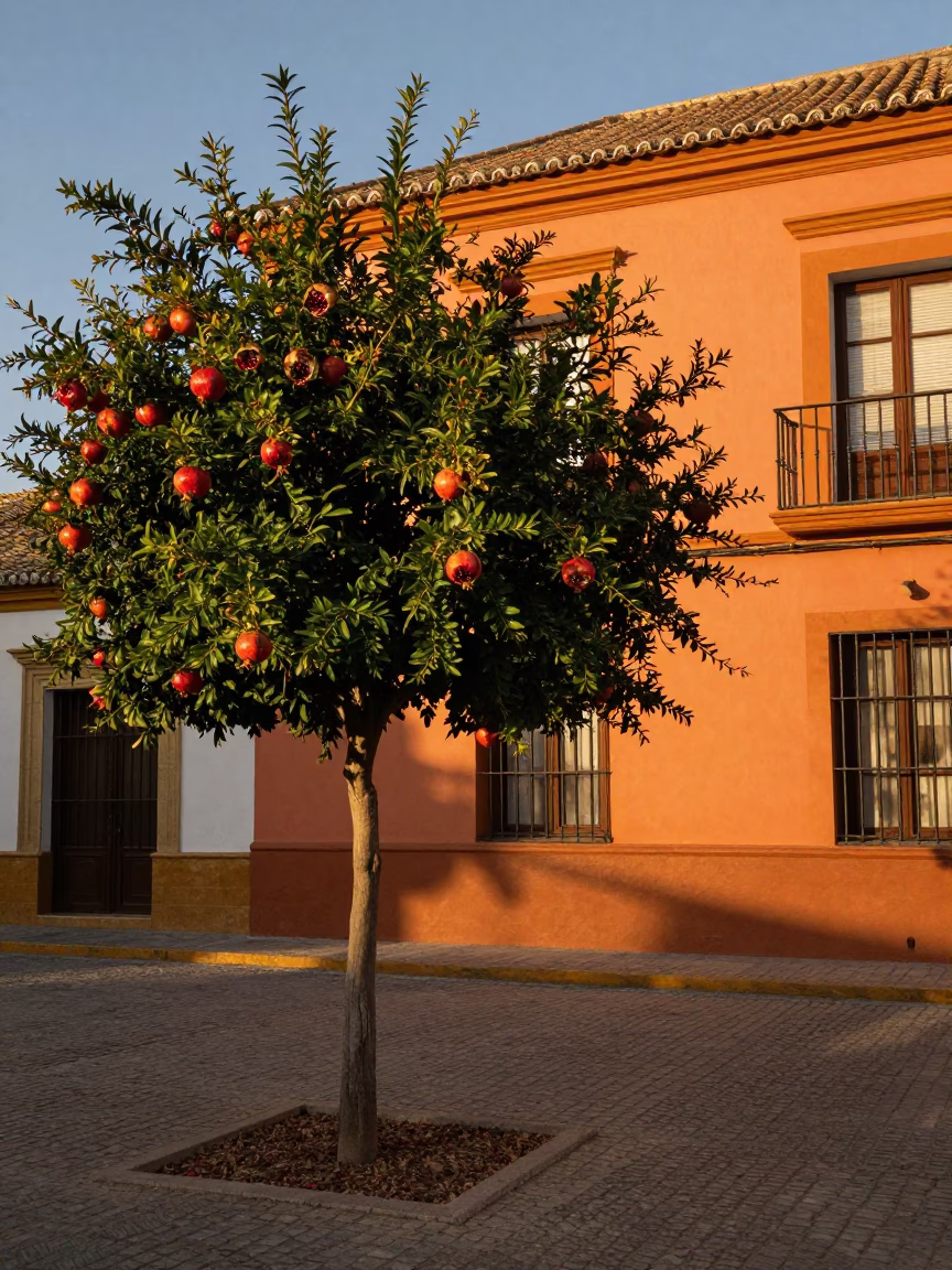 Seville Sunset Street Scene with Pomegranate Tree and Folded Parasol in in Seville, Spain