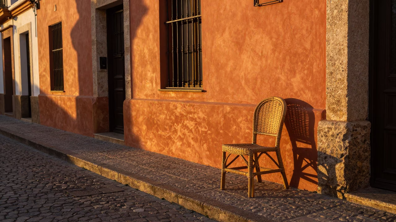 Seville Sunset Street Scene with Rattan Chair and Stone Architecture in in Seville, Spain