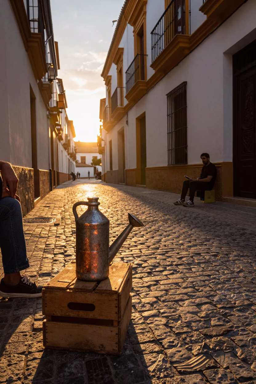 Seville Sunset Street Scene with Watering Bottle and Copper Cezve in in Seville, Spain